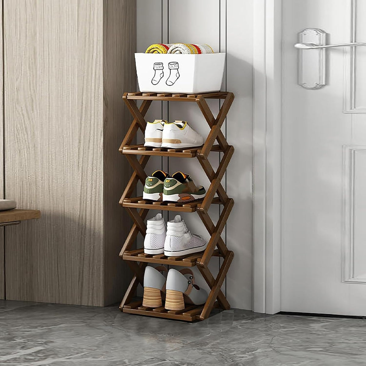 Foldable 5 Tier Bamboo Shoe Tower, Narrow Brown Shoe Shelf