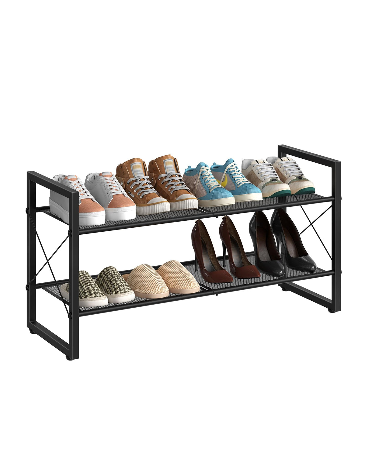 Low 2 Tier Metal Shoe Rack, 30 Inch Wide, Black Mesh