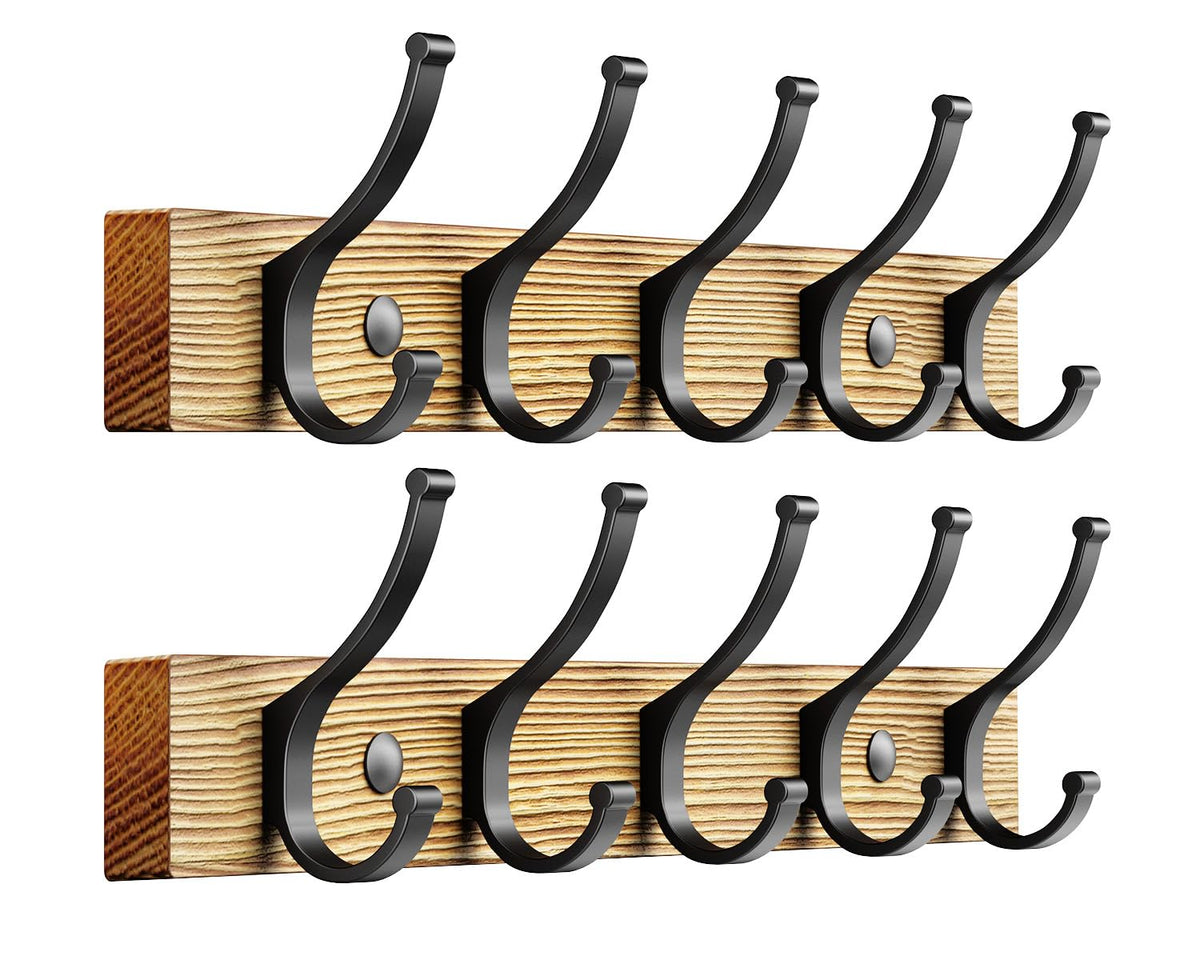 Wood Wall Coat Rack, 2 Pack, 16.5 Inch, 5 Hooks Each, Natural