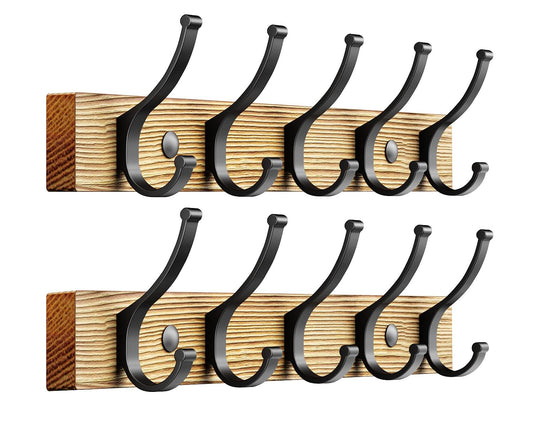 Wood Wall Coat Rack, 2 Pack, 16.5 Inch, 5 Hooks Each, Natural