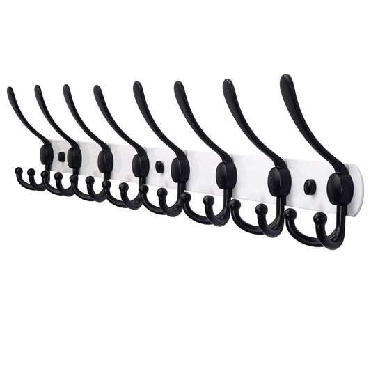 29.5 Inch Wall Coat Rail with 8 Tri Hooks, White and Black