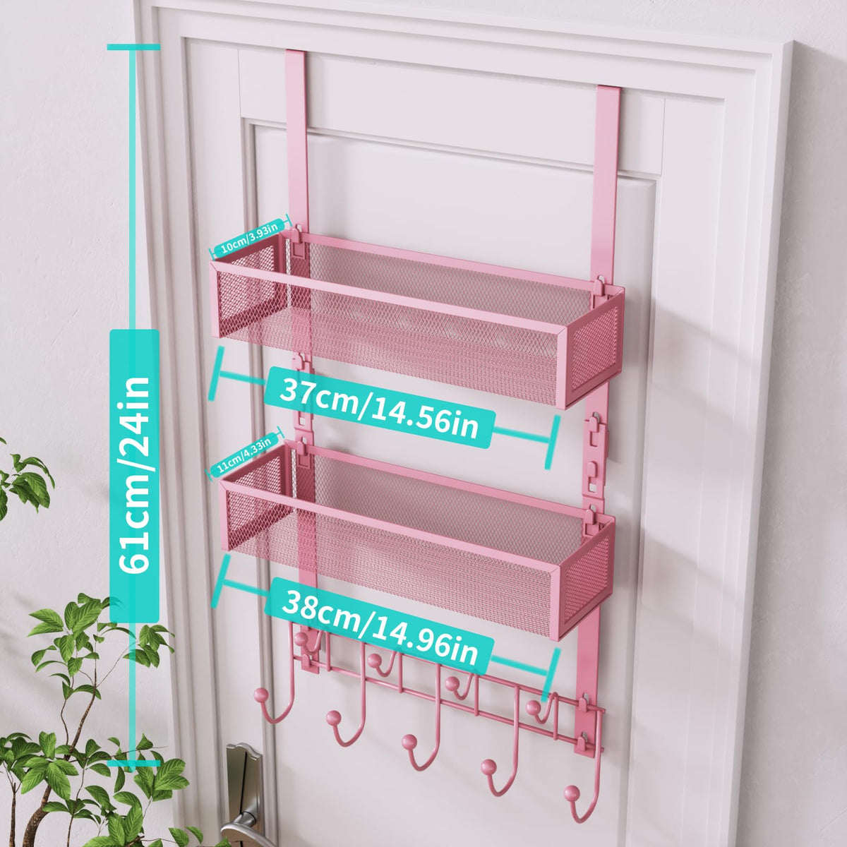 Pink Over the Door Hanger, 2 Baskets and 9 Coat Hooks