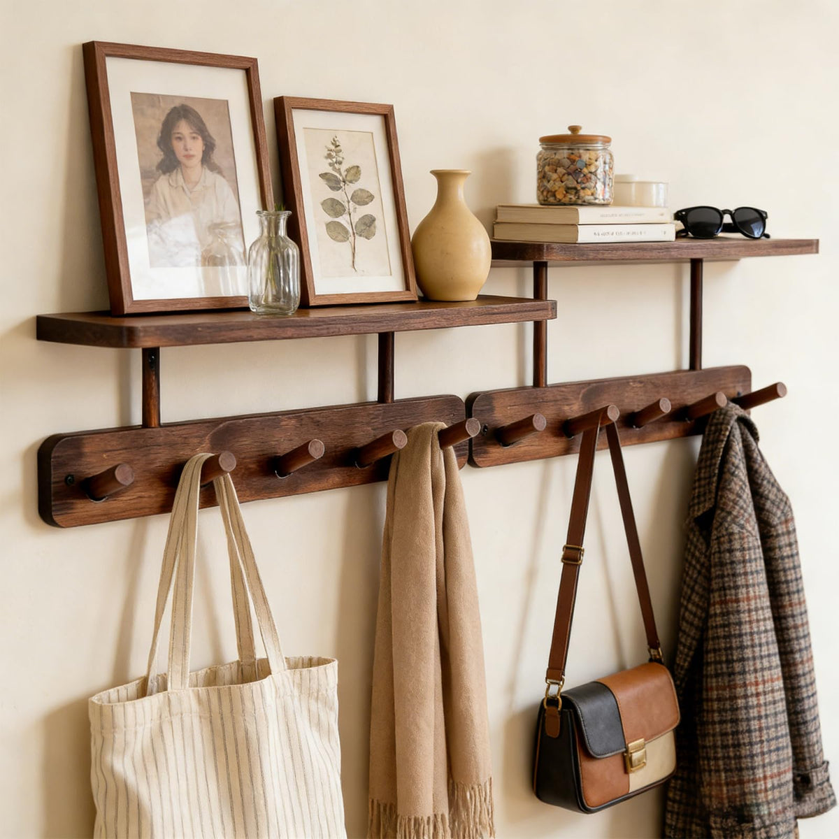 Wall Shelf with 10 Wood Hooks, 2 Pack 15.7 Inch, Dark Walnut Pine