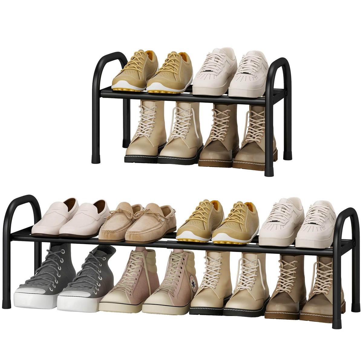 Expandable Black Metal Shoe Rack, 1 Tier, 17.7 to 33.1 Inch, 8 Pairs