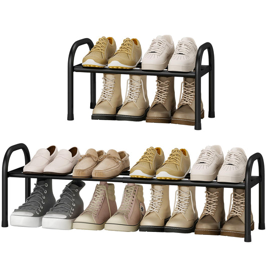 Expandable Black Metal Shoe Rack, 1 Tier, 17.7 to 33.1 Inch, 8 Pairs