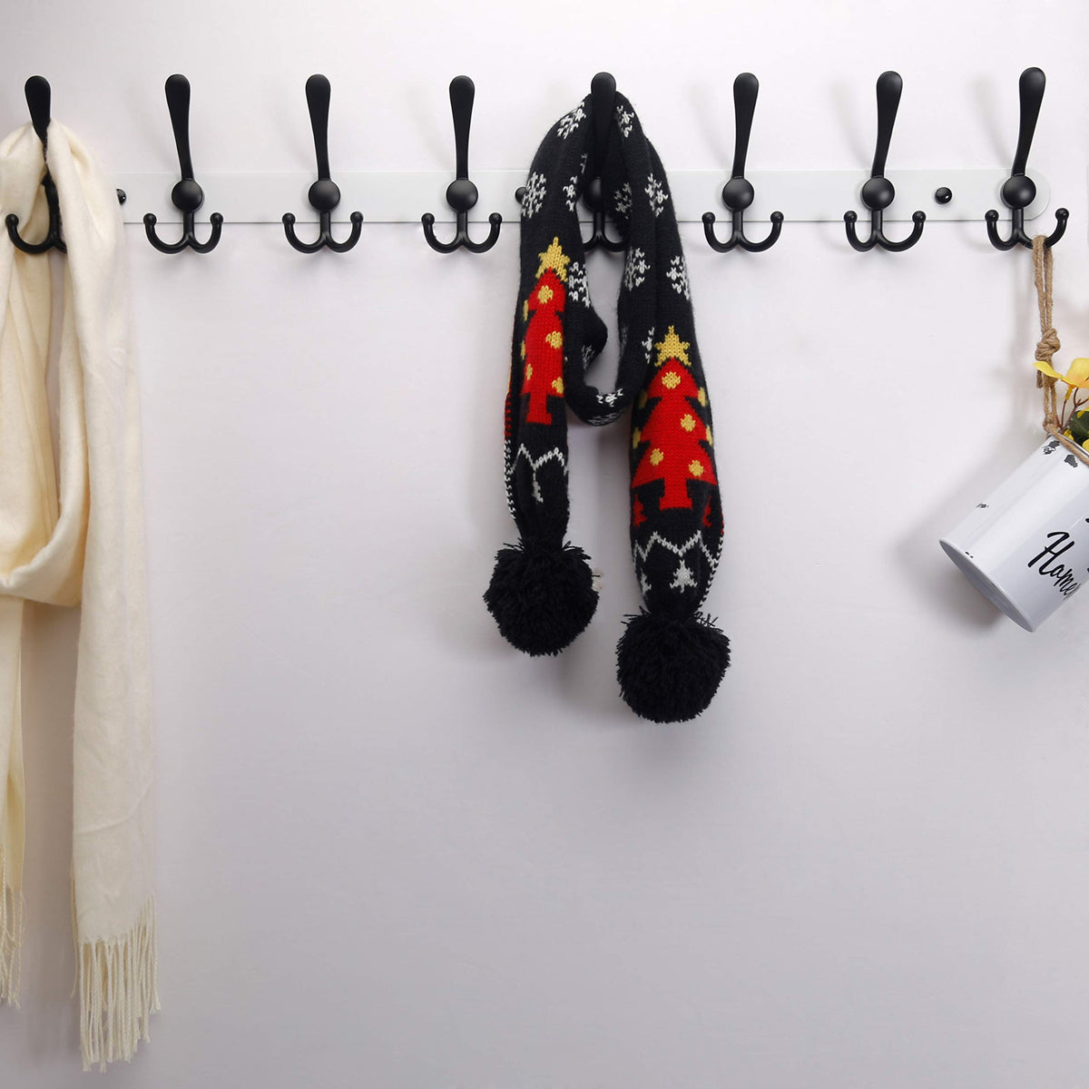 29.5 Inch Wall Coat Rail with 8 Tri Hooks, White and Black
