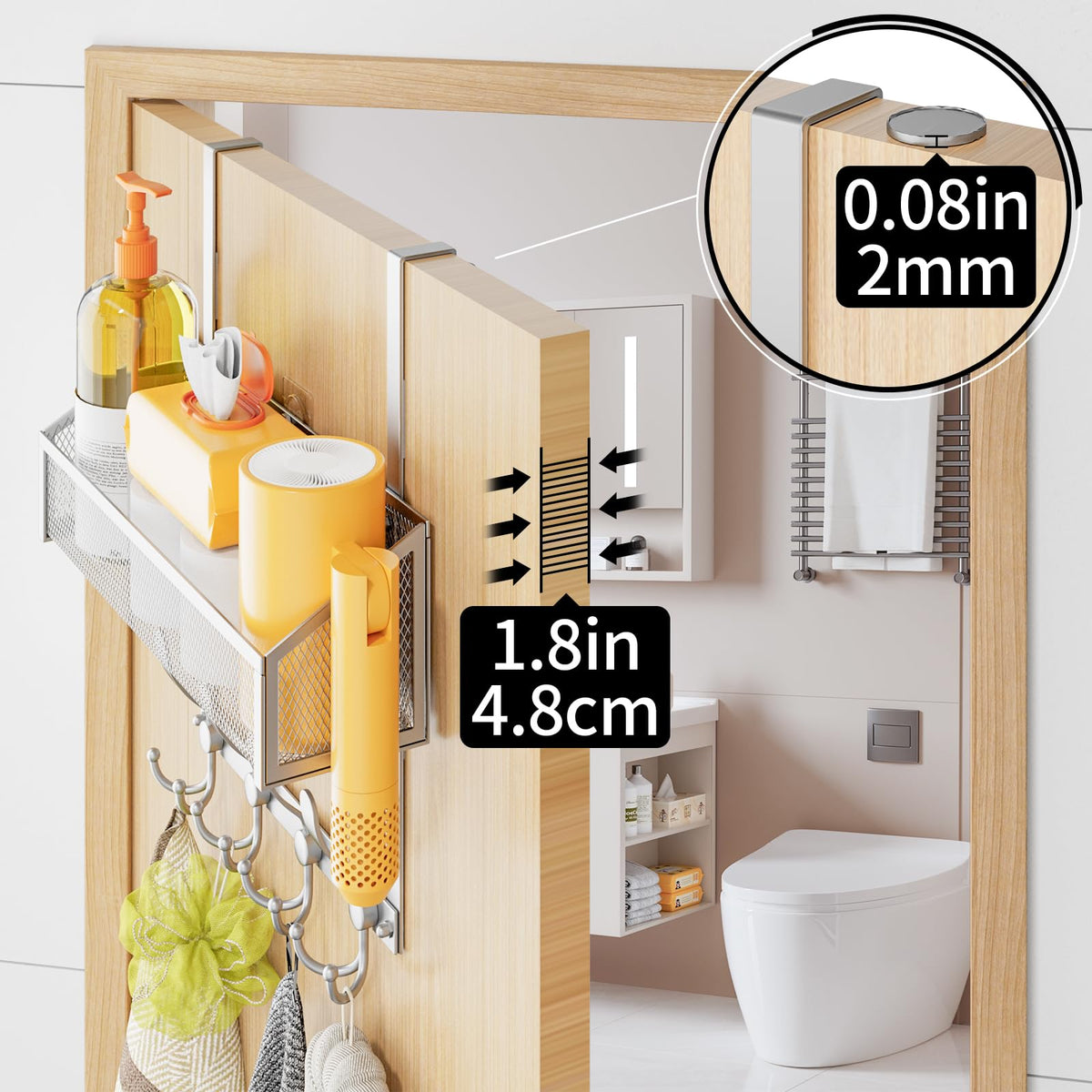 Over Door Storage Rack, 2 Tier, Silver Mesh Baskets and Coat Hooks
