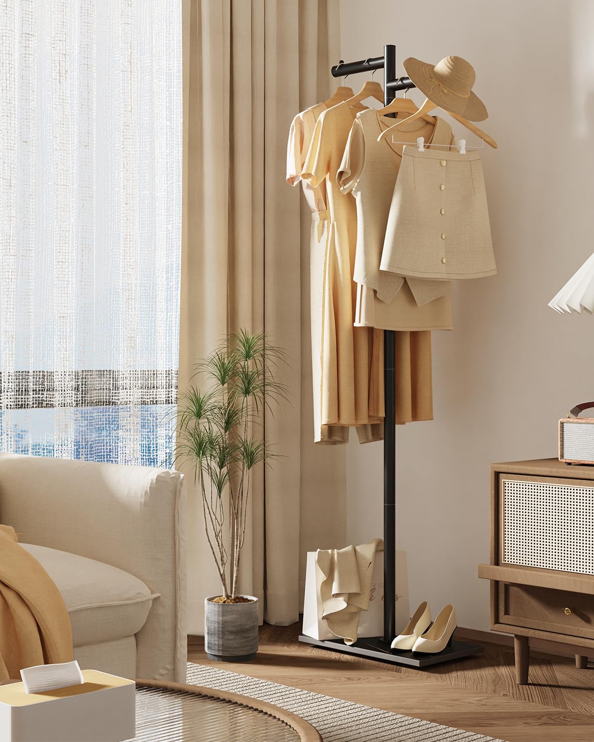 Black Metal Coat Stand with Natural Stone Base, 68.9 Inch Tall