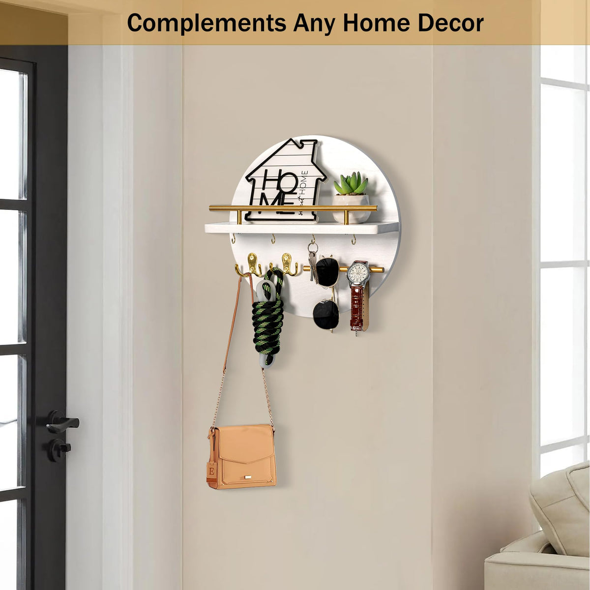 White Key Holder with Shelf and Hooks, Wall Mail Organizer