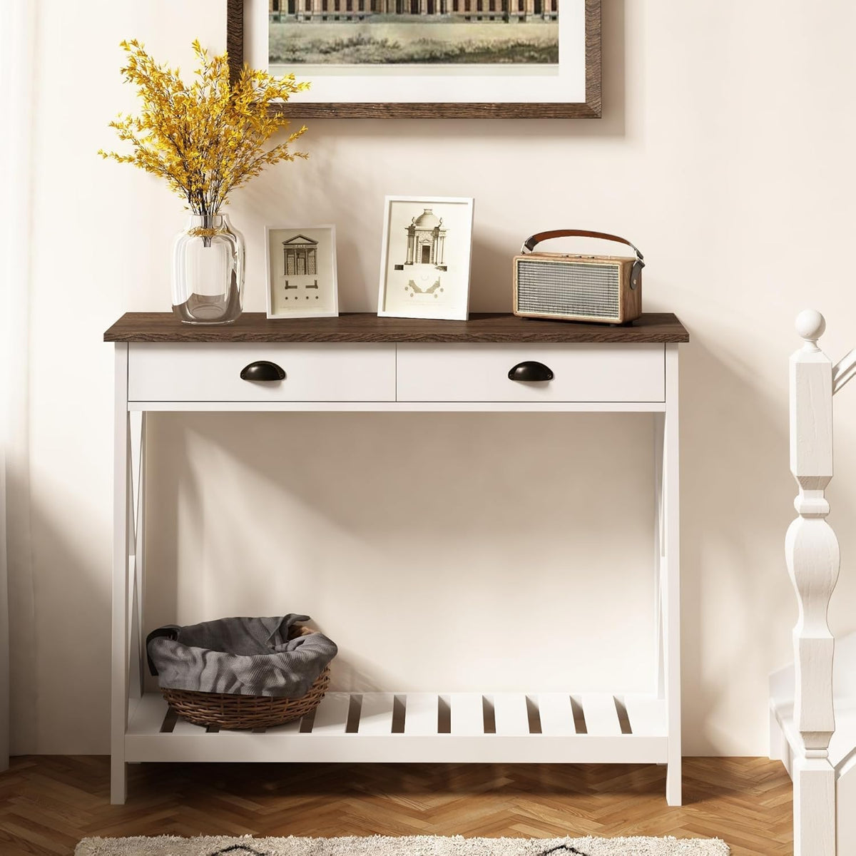 White Console Table with Drawer and Slatted Shelf, X-Frame