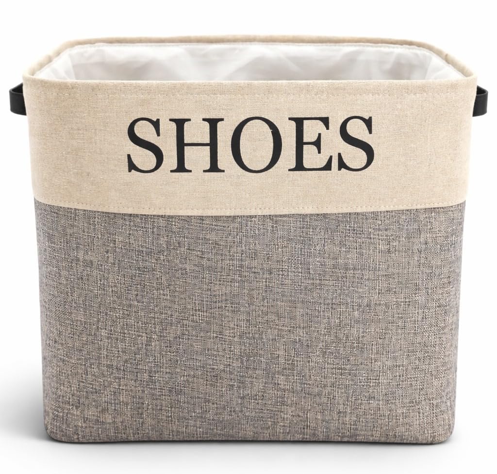 Large Canvas Shoe Storage Bin, Gray, Holds 12 or More Pairs