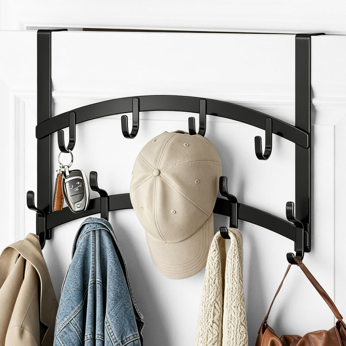 14 Hook Over the Door Organizer, 2 Tier Stainless Steel Hanger, Black