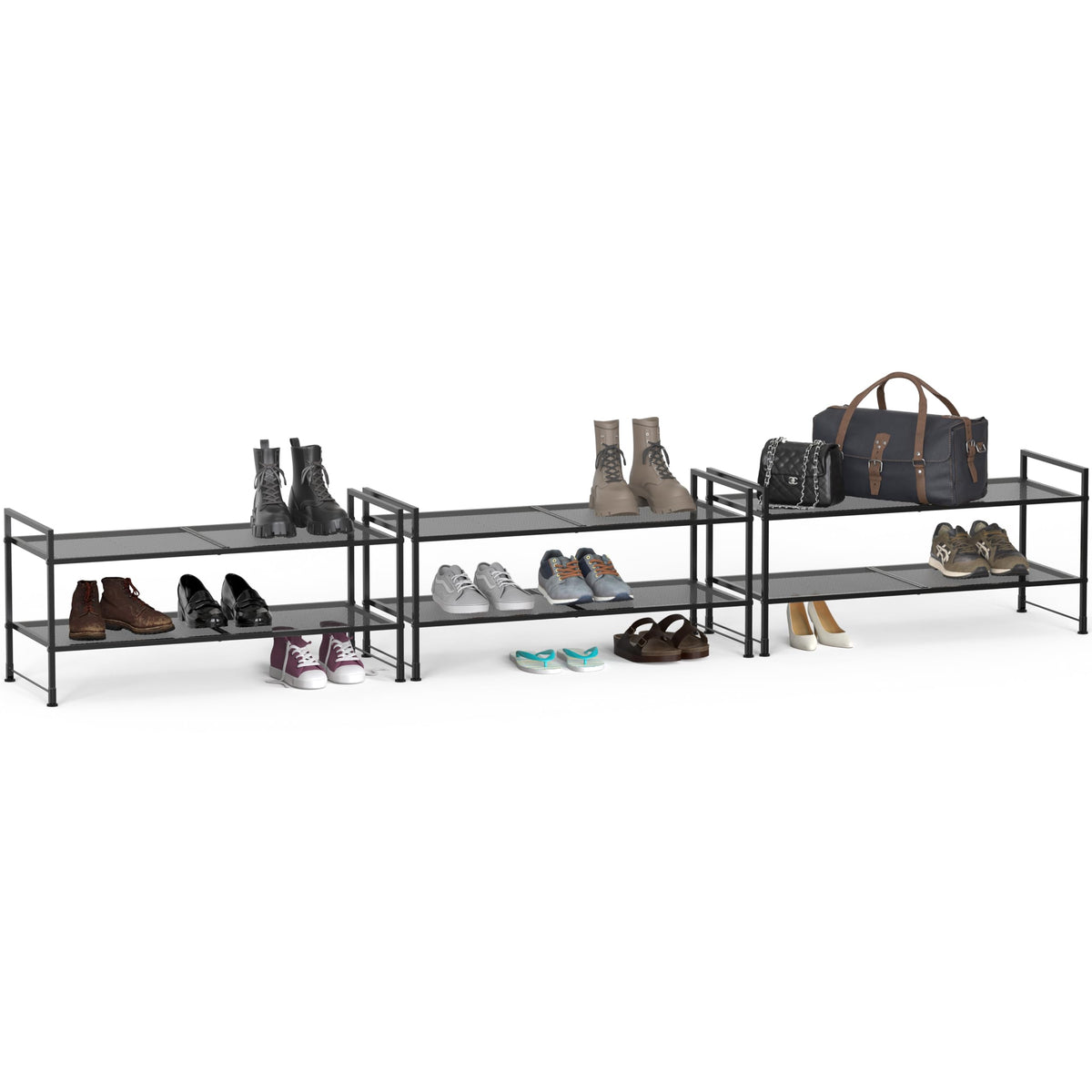Stackable 2 Tier Mesh Shoe Shelf, 26.4 Inch, Black Metal, 6 Pairs