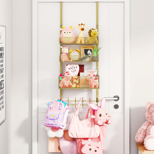 Gold Over the Door Hook Rack, 4 Tier with 3 Baskets and 12 Hooks