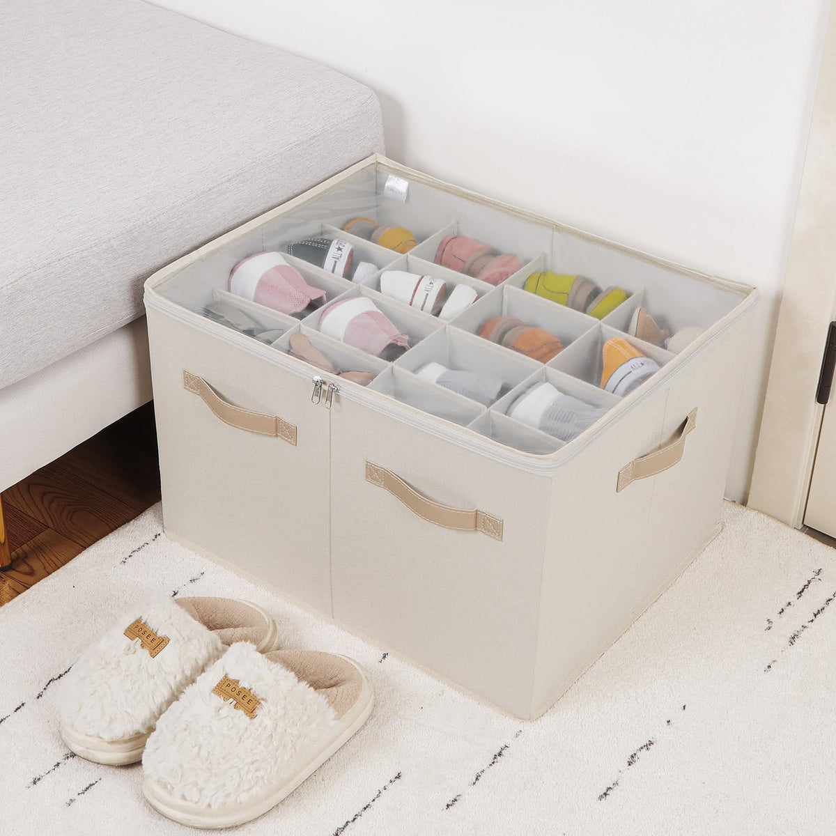 Foldable Shoe Organizer Boxes, 2 Pack, 32 Pairs Total, Beige