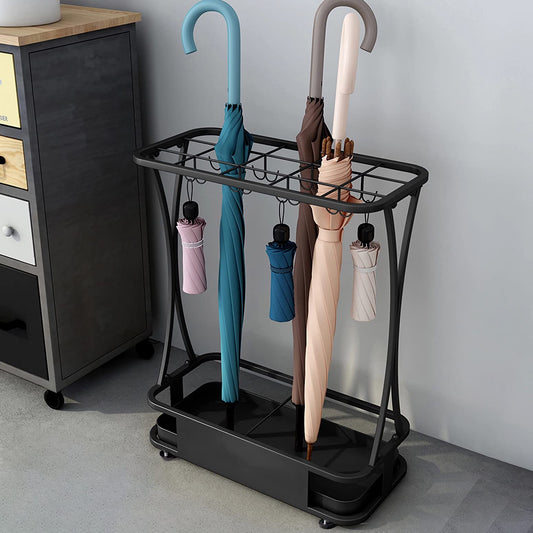 Black Iron Umbrella Rack, 15 Slots and 16 Hooks, Holds About 31