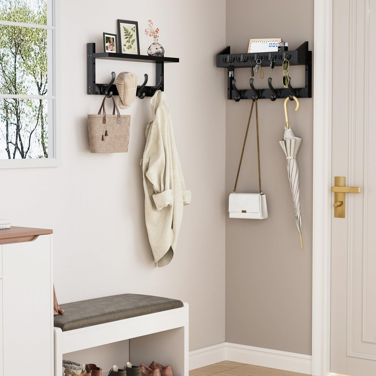 Black Pine Wall Coat Rack with Shelf, 35 Inch, Coat and Key Hooks