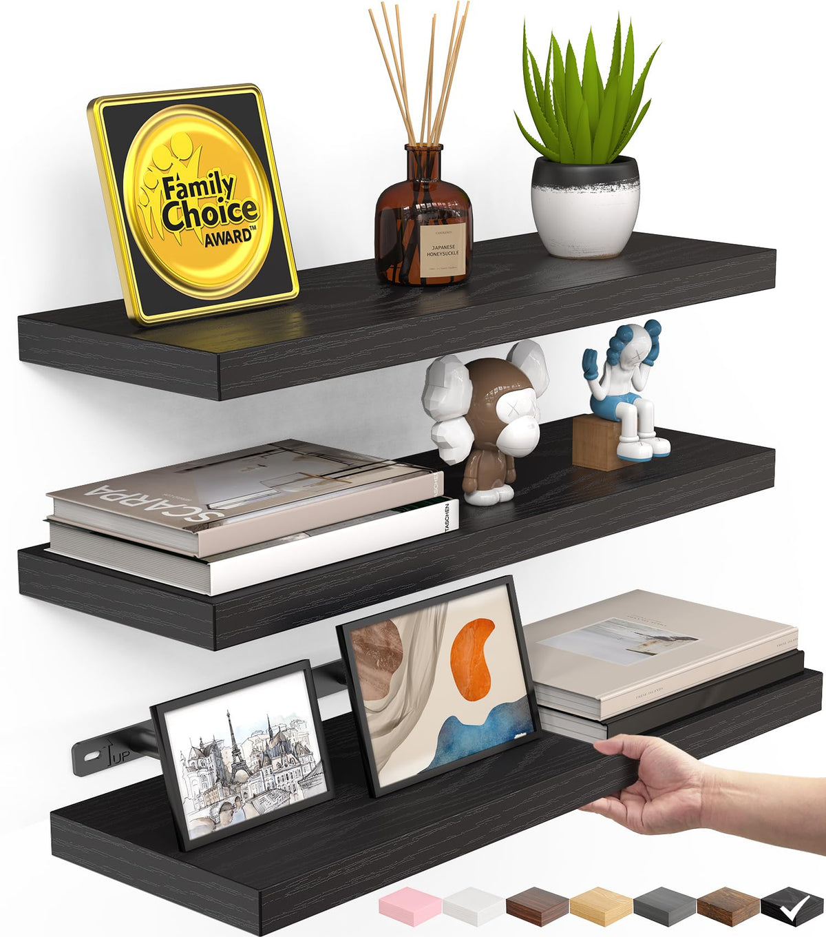 Rustic Wood Floating Shelves, Set of 3, 15.7 Inch Wall Mounted Shelves, Black