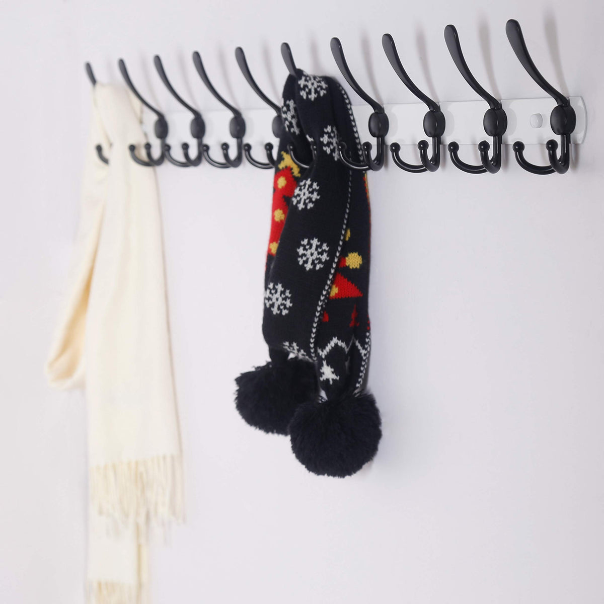 White and Black Coat Rack Rails, 38 Inch, 10 Tri Hooks, 2 Pack