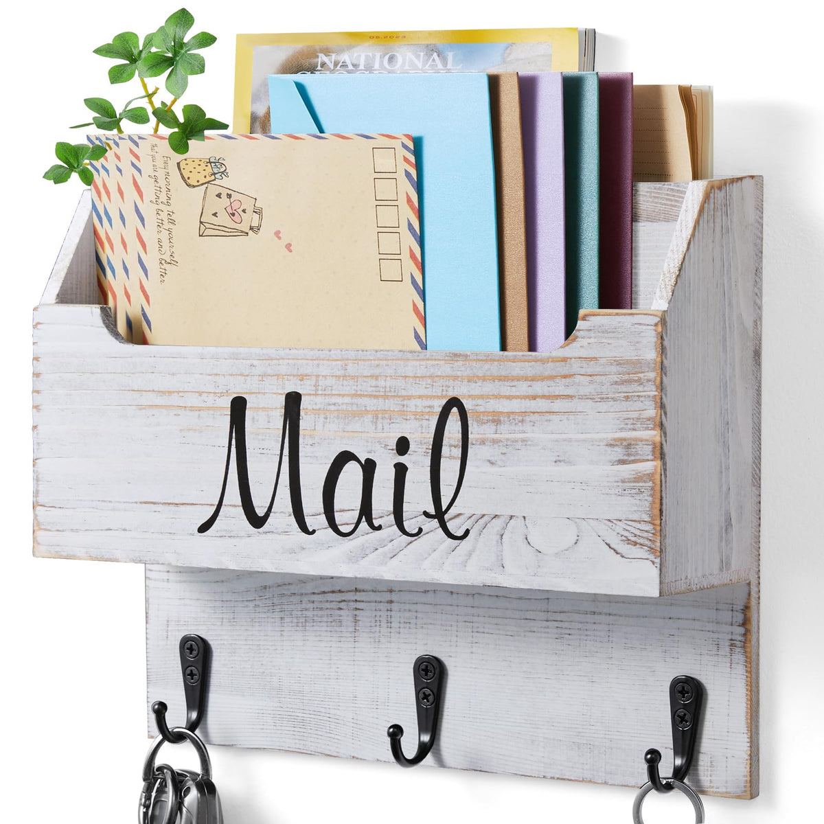 Wall Mail and Key Holder, 3 Hooks, 2 Slots, Retro White Wood