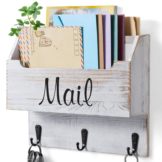 Wall Mail and Key Holder, 3 Hooks, 2 Slots, Retro White Wood