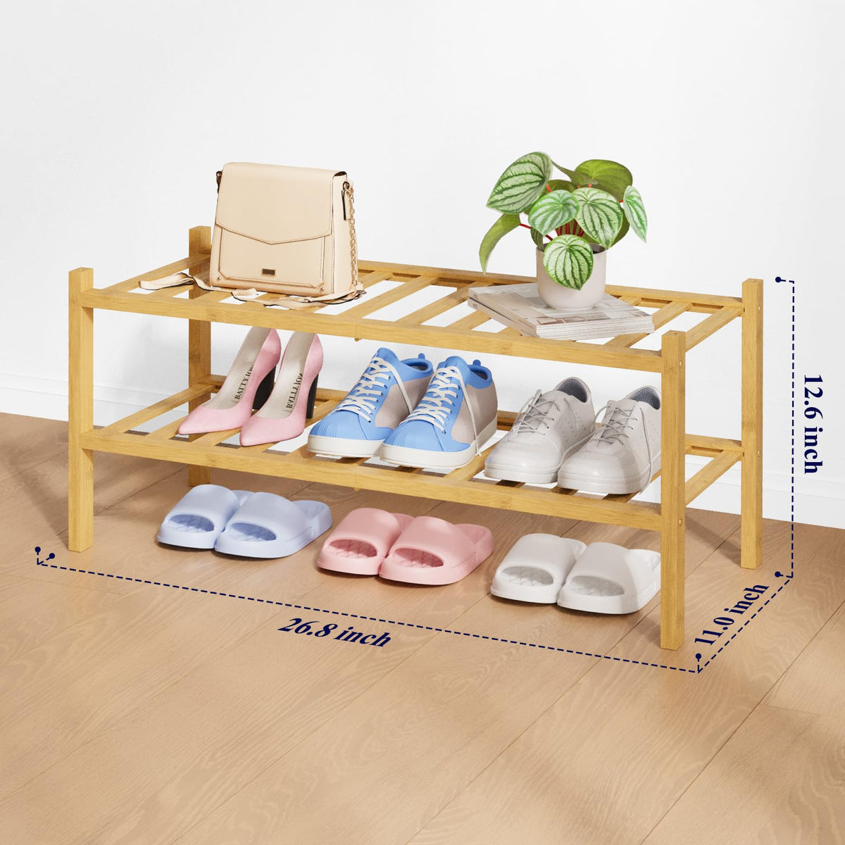 Low 2 Tier Bamboo Shoe Rack, 26.8 Inch, Natural Wood Finish