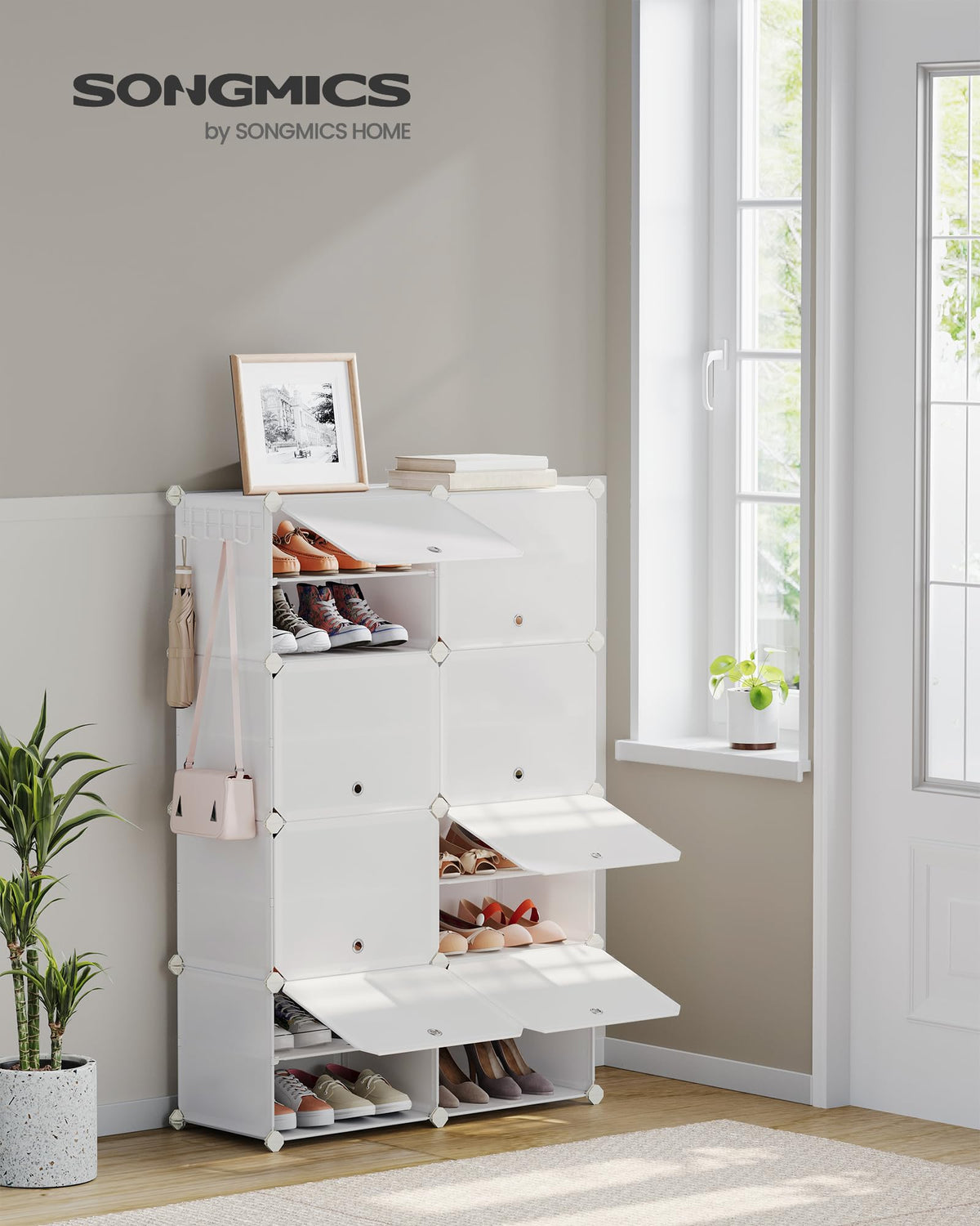 8 Tier Cube Shoe Rack with Flip Doors, 32 Pairs, Cloud White