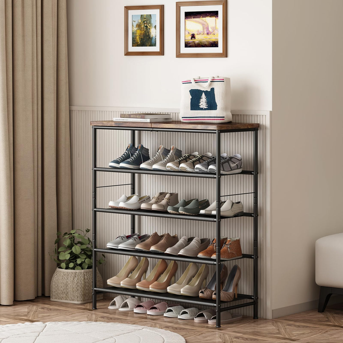 5 Tier Metal Shoe Rack with Wood Top, Black and Rustic Brown