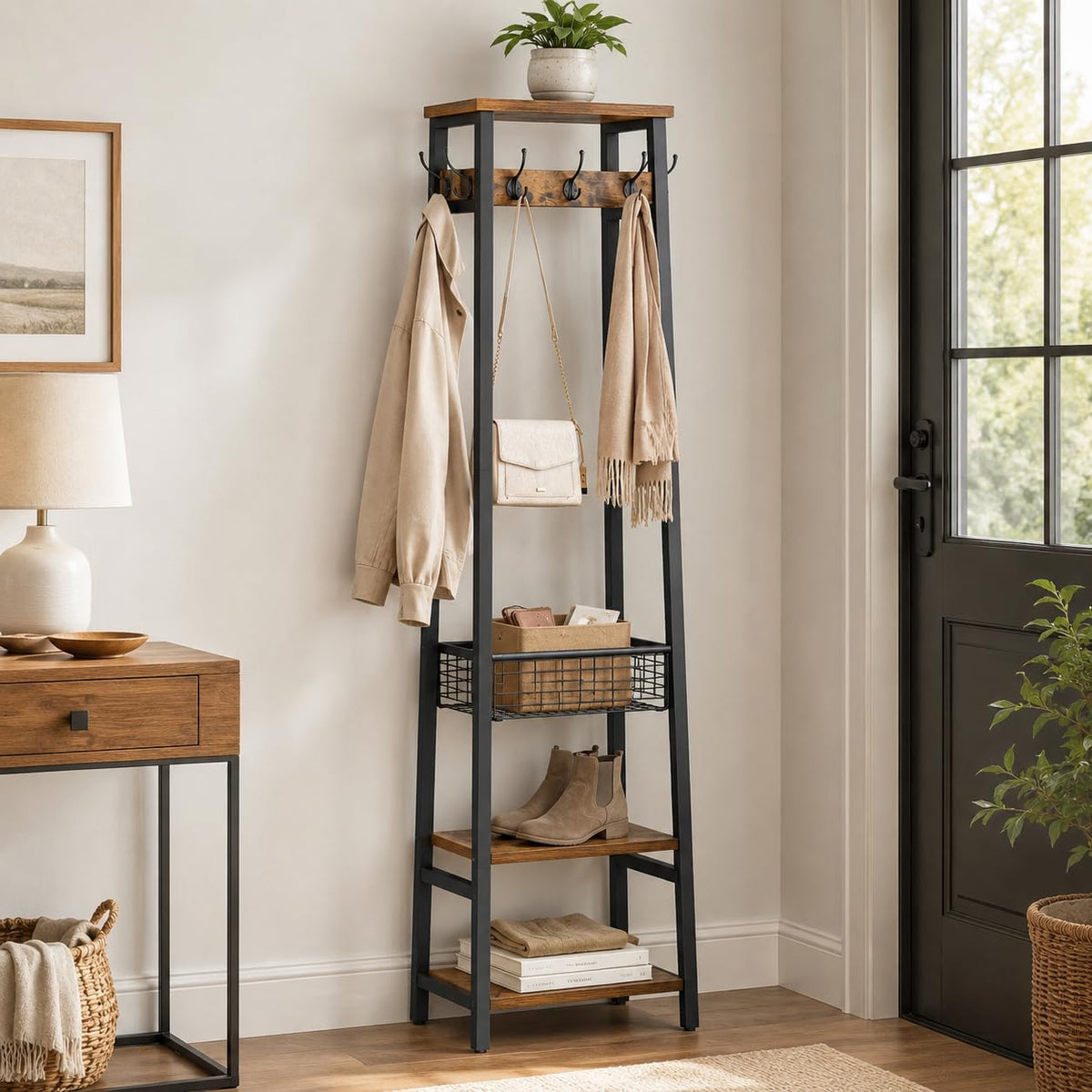 Freestanding Coat Rack with Metal Basket, 2 Shelves and 7 Hooks