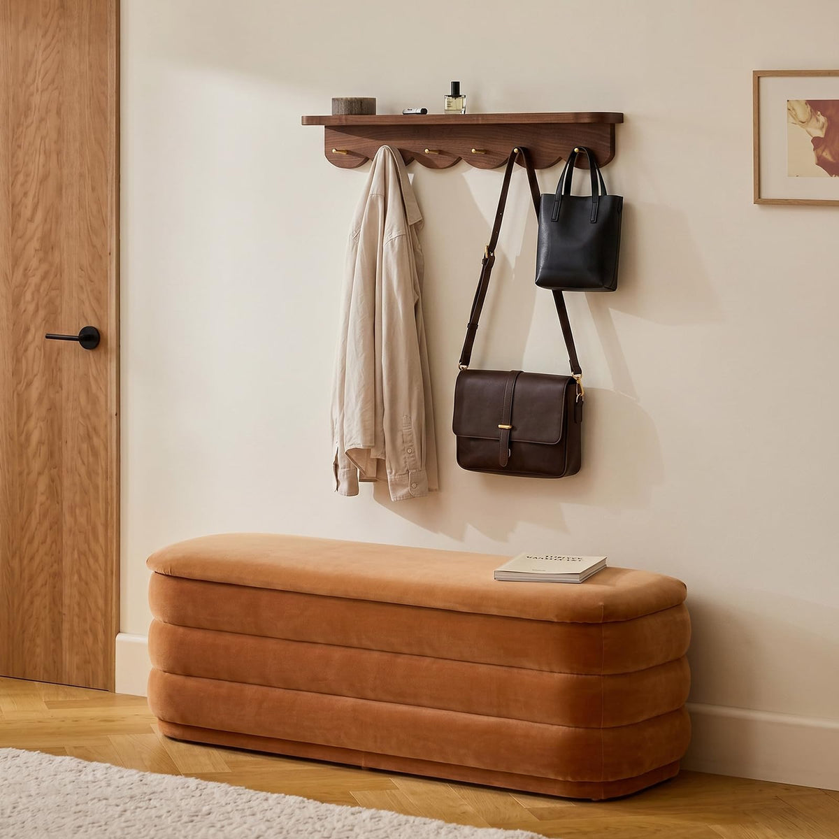 Scalloped Walnut Wall Shelf with 6 Brass Hooks, 24.5 Inch