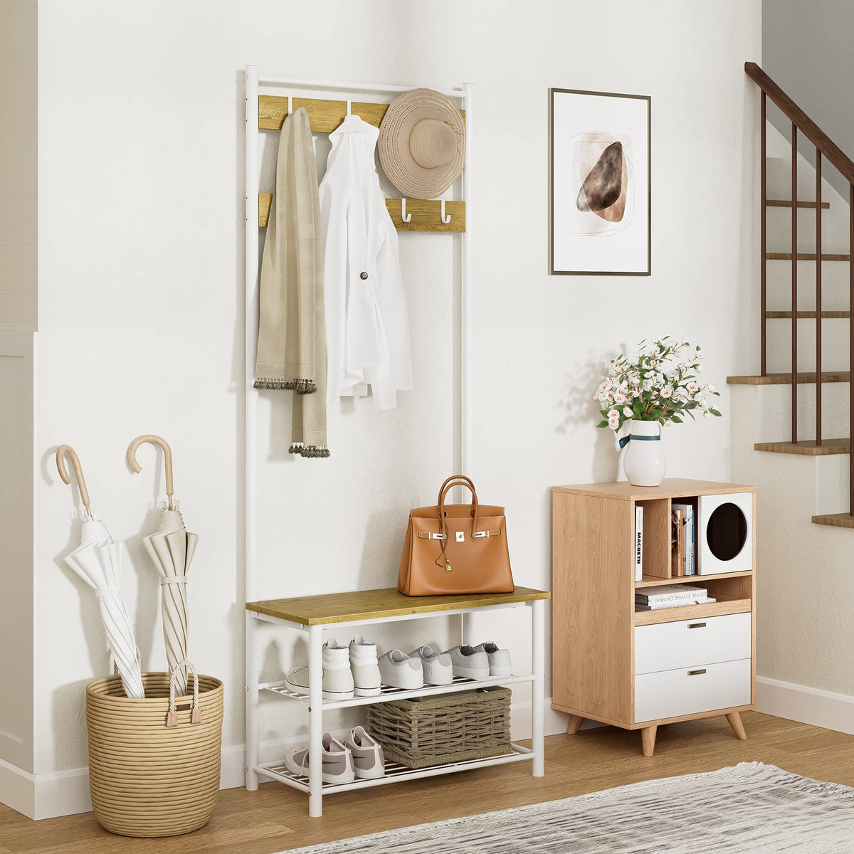 3-in-1 Hall Tree with Bench, Shoe Shelves and 9 Movable Hooks, White
