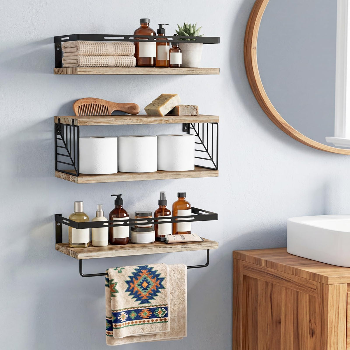 Gray Wood Bathroom Wall Shelf Set, 3 Plus 1 with Guard Rails