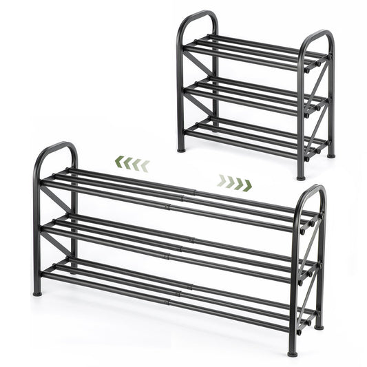 Narrow 3 Tier Shoe Rack, Expands 16 to 33 Inch, Black Metal Tubes