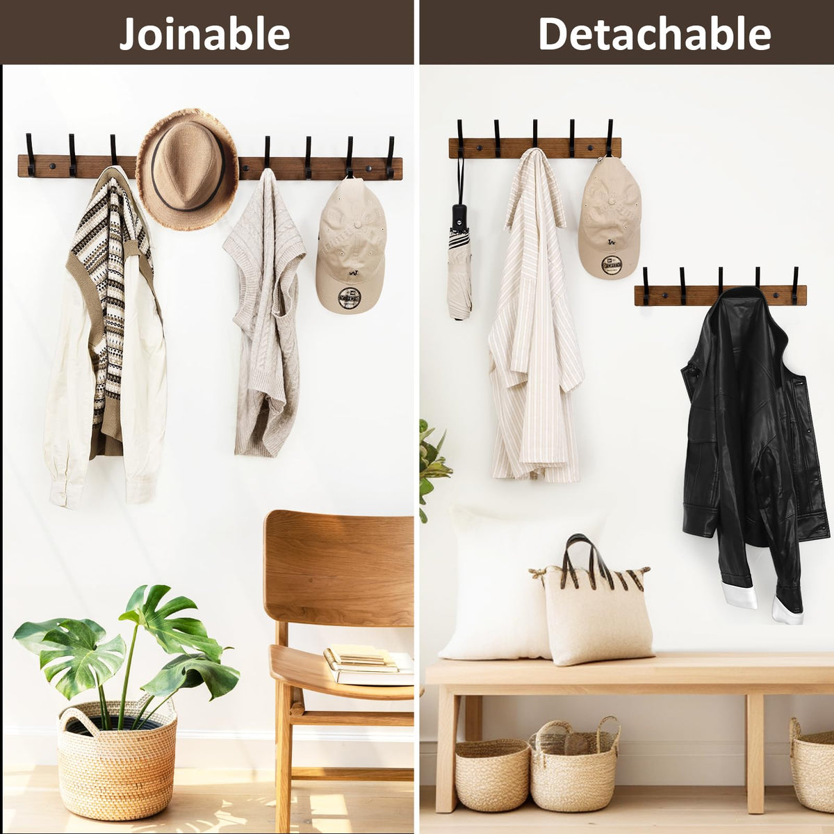 Wood Wall Coat Rack with 5 Hooks, 16.5 Inch Hook Rail for Coats, 2 Pack, Brown