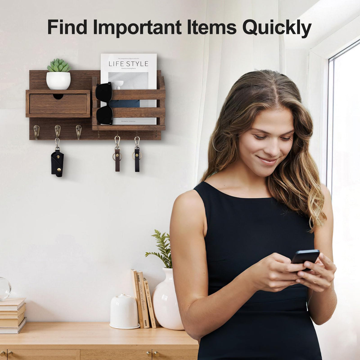 Wall Key Holder with Mail Slot and Drawer, 7 Hooks, Brown Wood