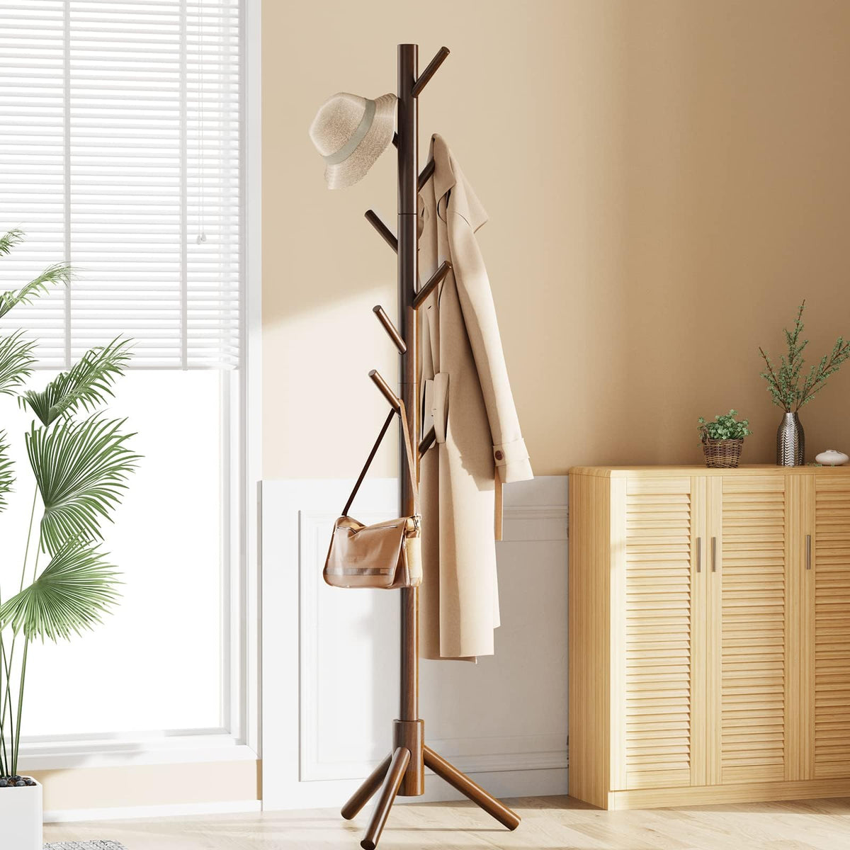 Freestanding Solid Wood Coat Rack with 8 Hooks for Coats, Hats and Bags, Brown