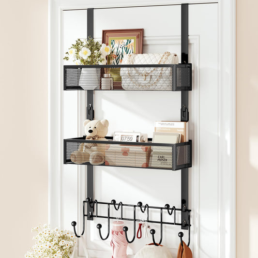 Over the Door Hook Rack with 2 Baskets and 9 Hooks, Black Steel