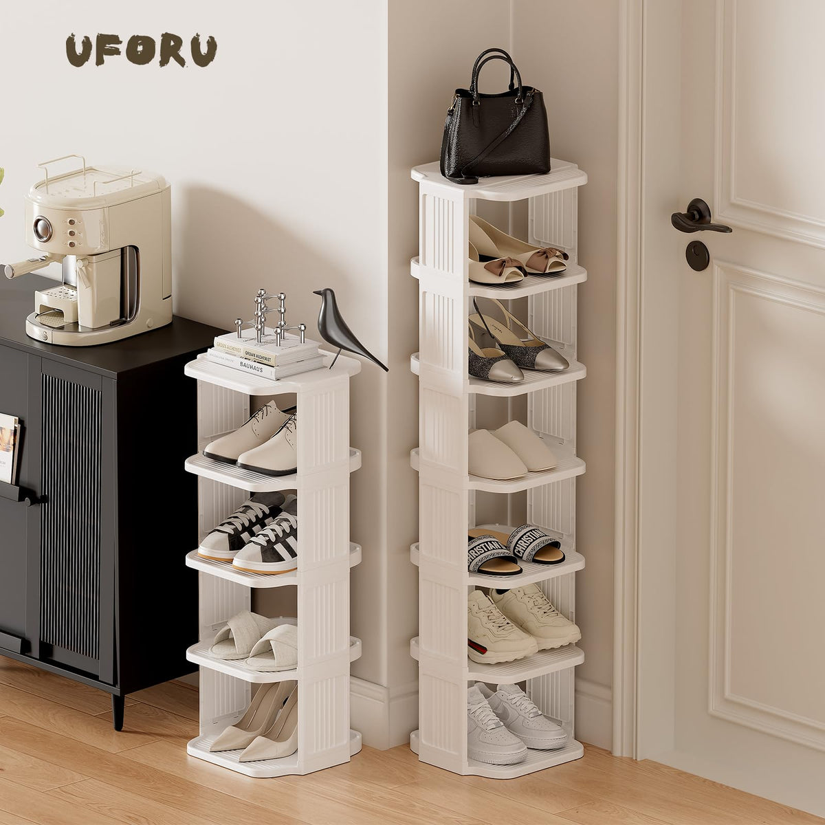 Narrow 5 Tier Plastic Shoe Rack, White Vertical Shoe Tower