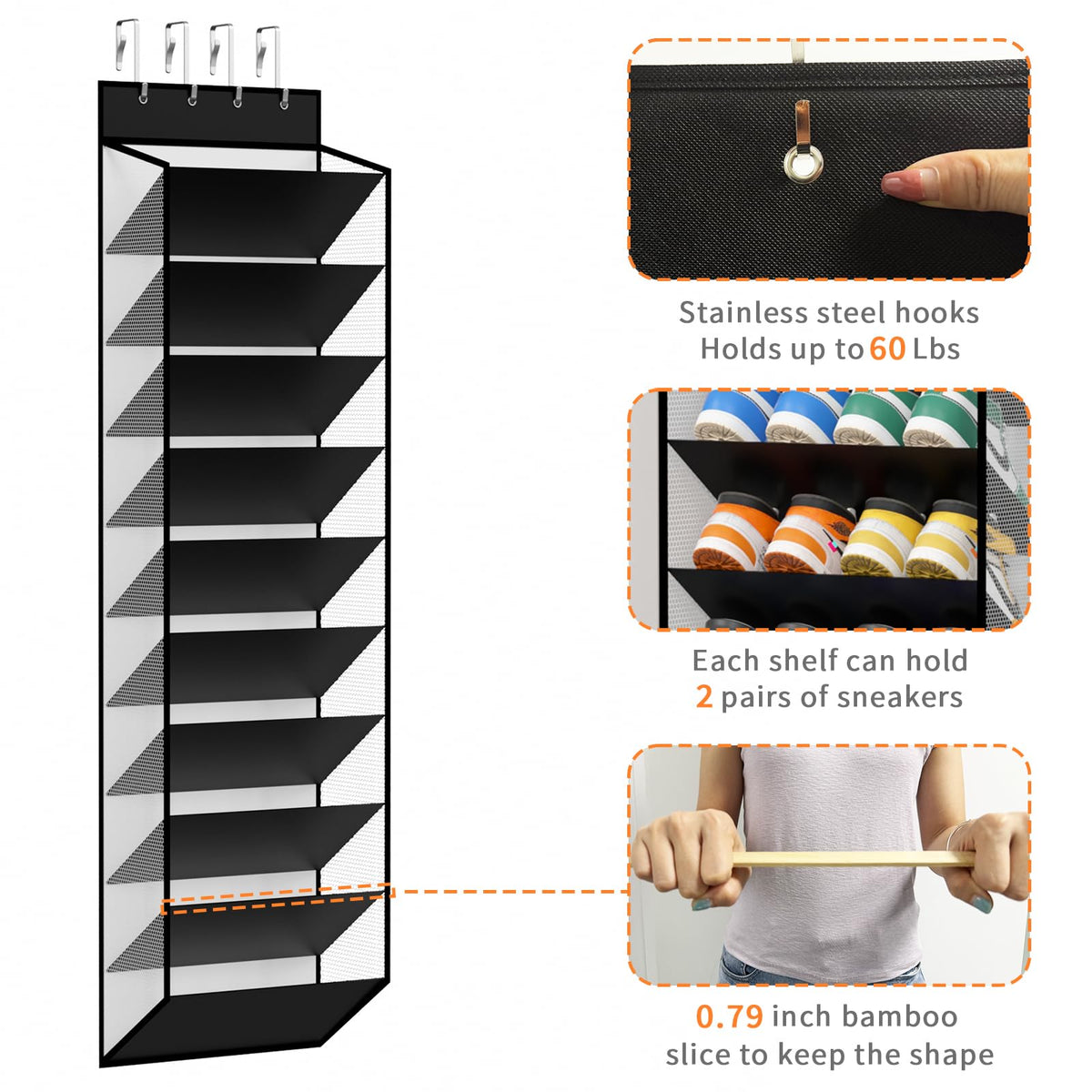 Hanging Mesh Door Shoe Organizer, 10 Tiers with Deep Pockets, 20-30 Pairs