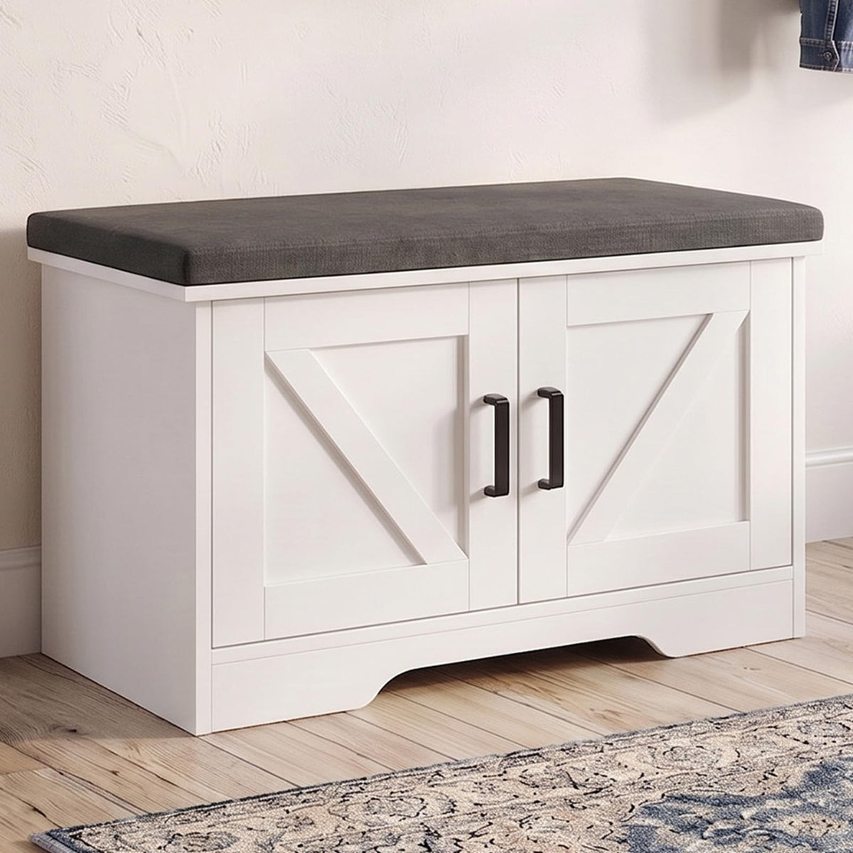 White Shoe Storage Bench with Cabinet Doors, 27.6 Inch