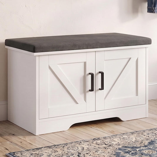 White Shoe Storage Bench with Cabinet Doors, 27.6 Inch