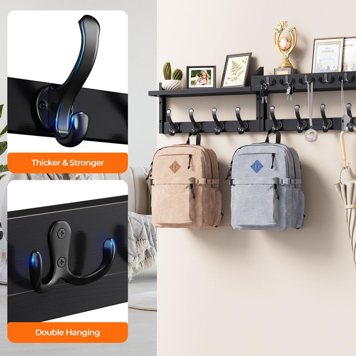 Black Pine Wall Coat Rack with Shelf, 35 Inch, Coat and Key Hooks