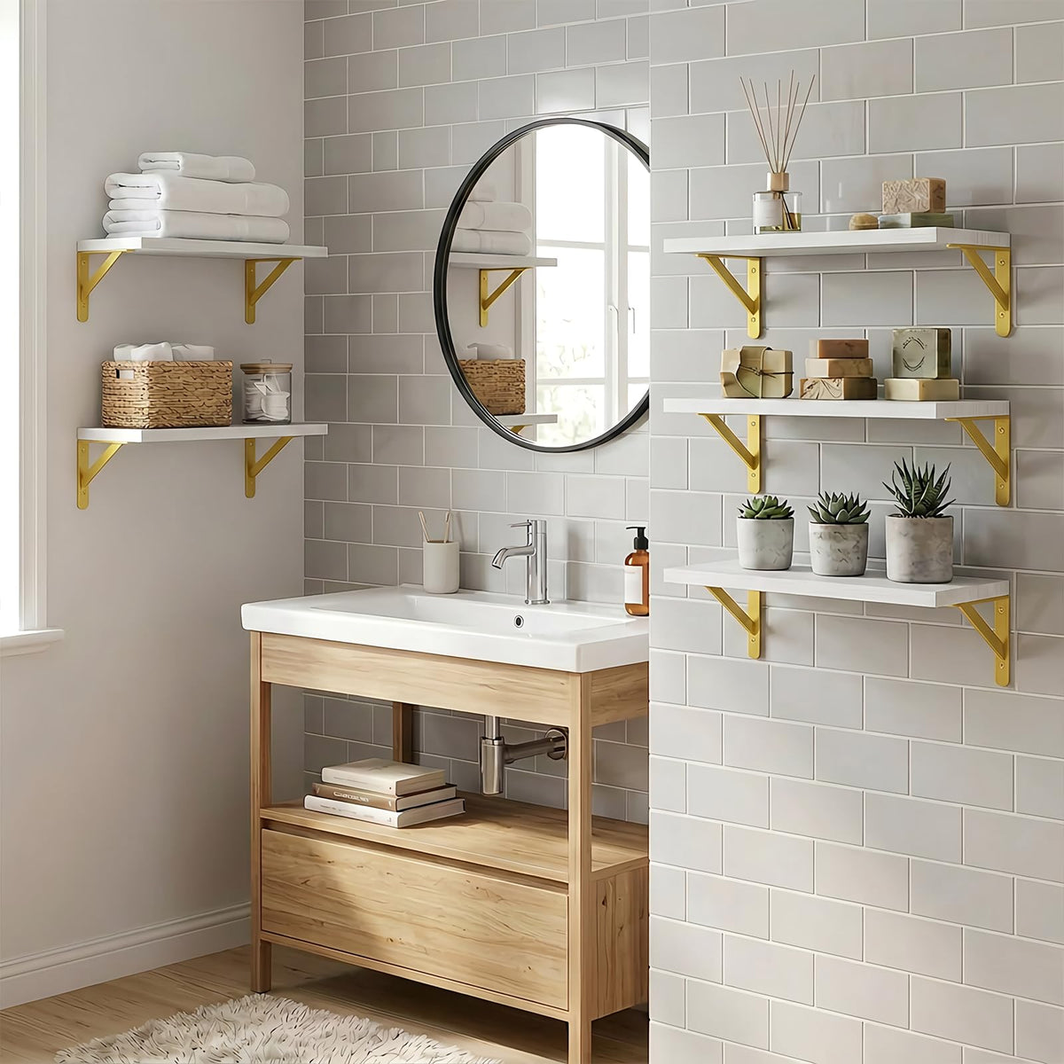 White Wood Floating Shelves, Set of 5, 16.5 Inch with Metal Brackets
