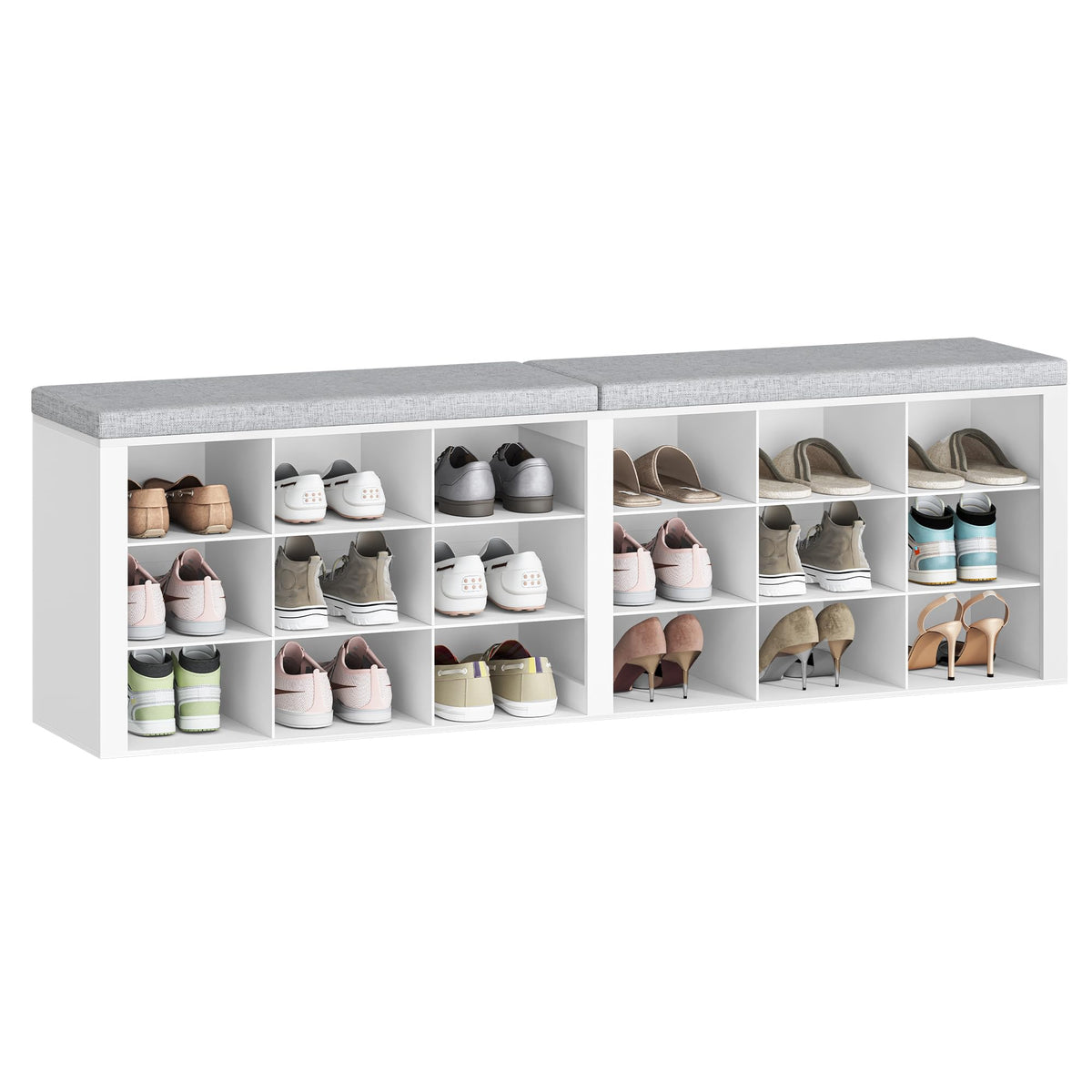 White Shoe Storage Bench with Cushion, 18 Cubbies, 59 Inch