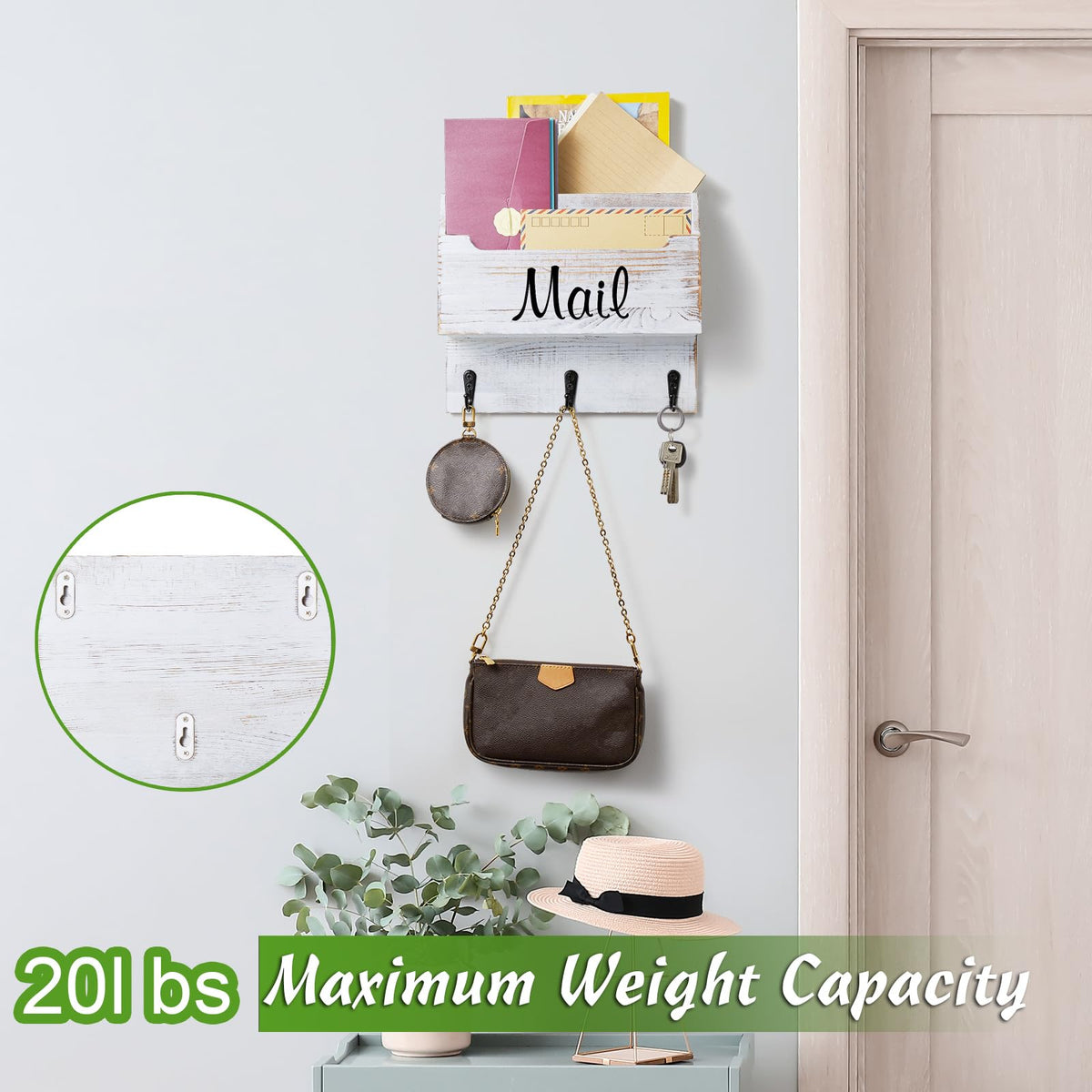 Wall Mail and Key Holder, 3 Hooks, 2 Slots, Retro White Wood