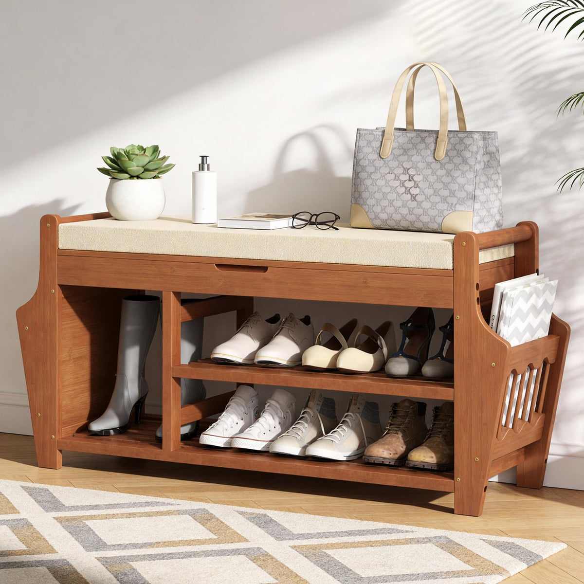 Bamboo Shoe Bench with 2 Side Baskets, 3 Tier, 39.4 Inch, Nut Brown