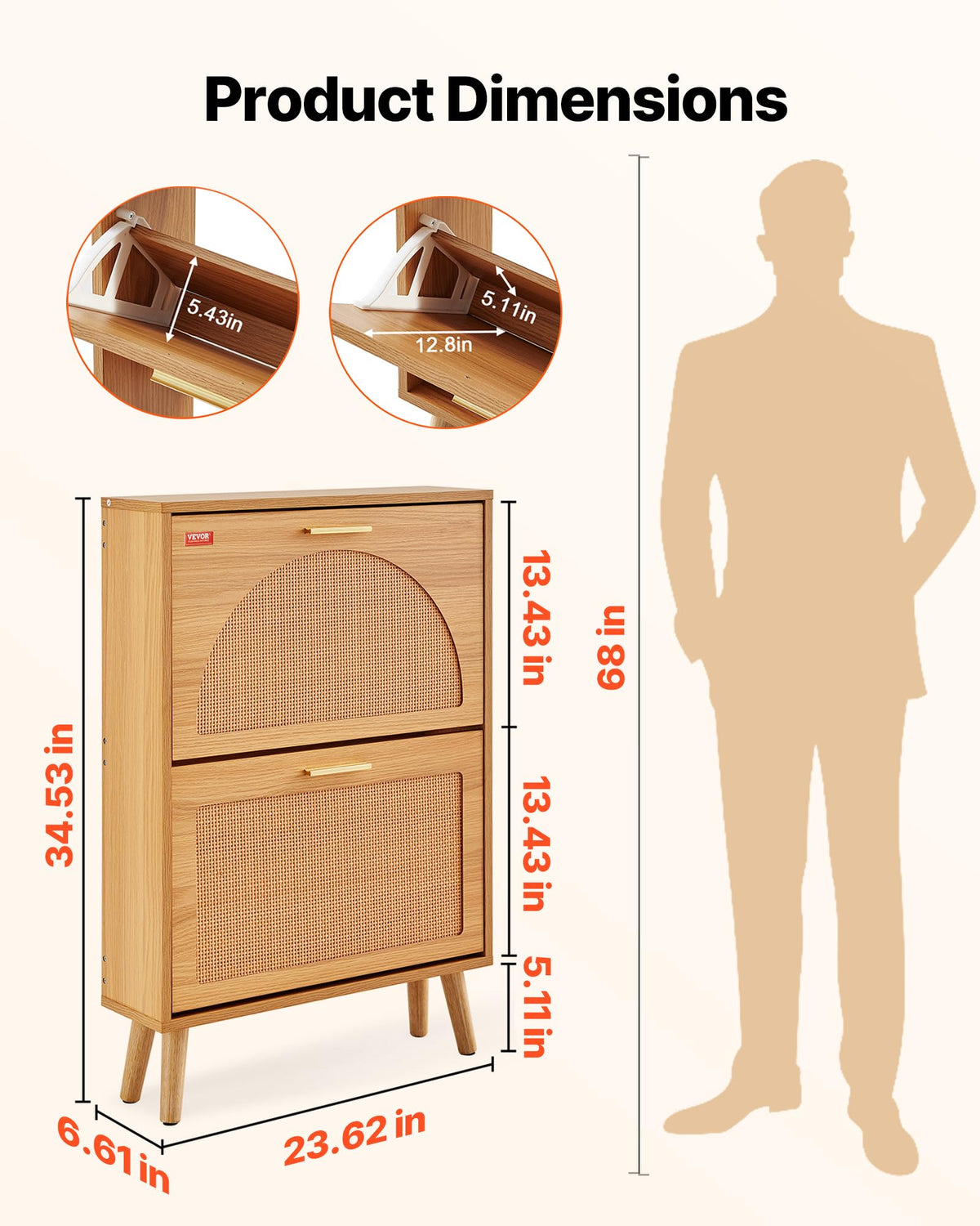 Rattan Shoe Cabinet with 2 Flip Drawers, Slim Entryway Shoe Storage