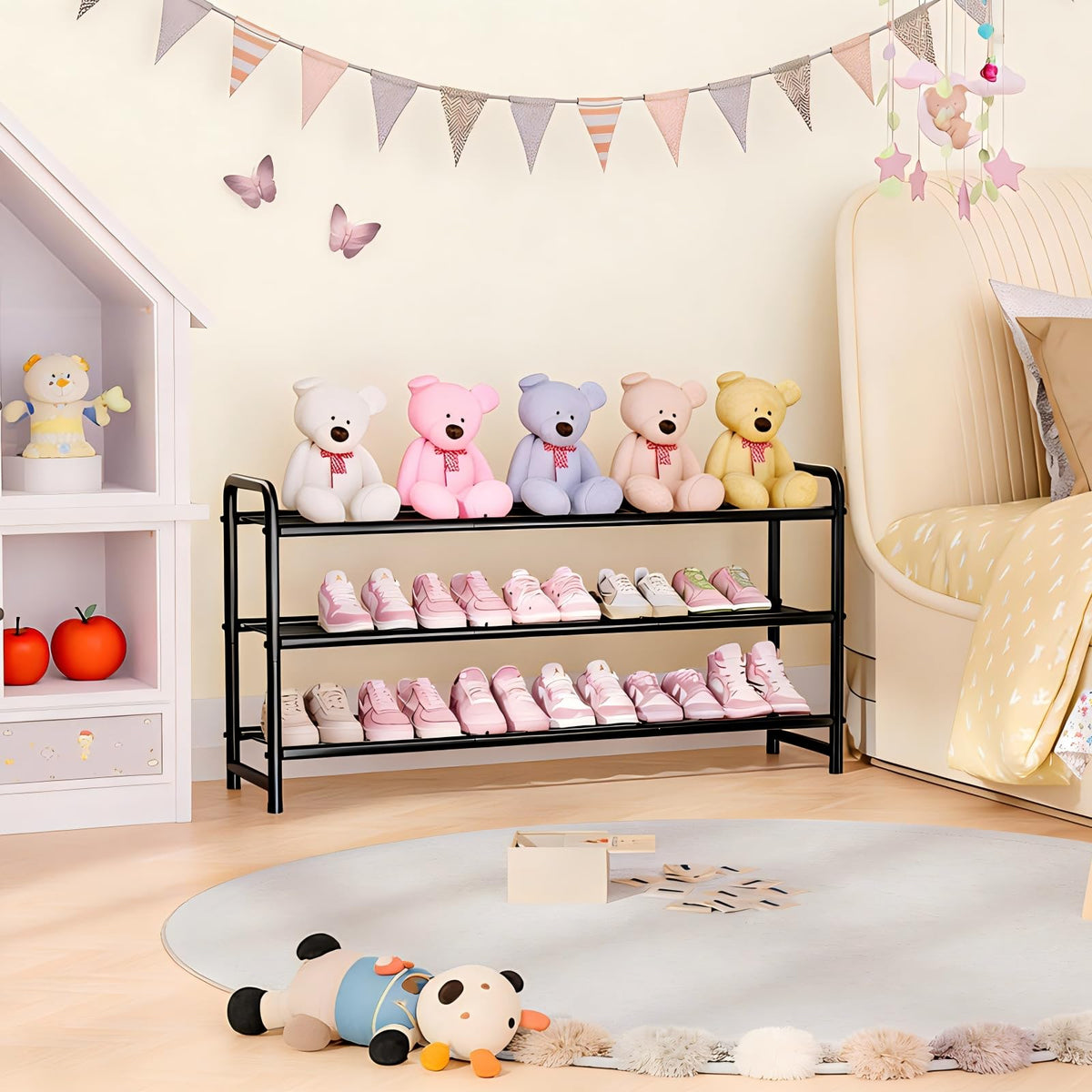 Long 3 Tier Black Metal Shoe Rack with Wire Grid Shelves