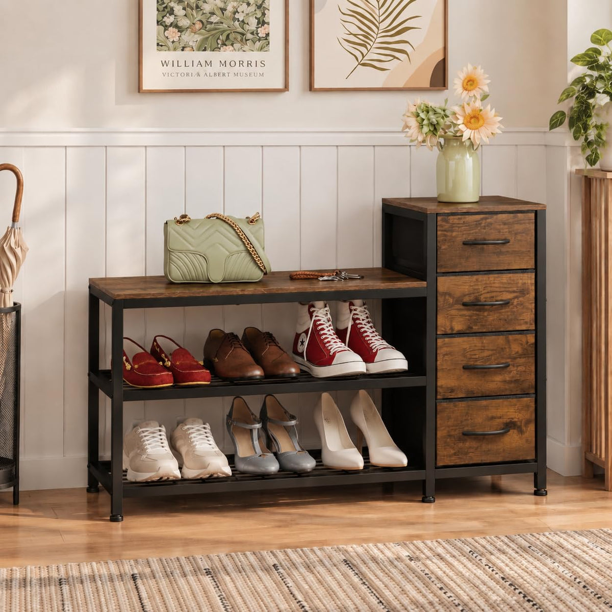 Industrial Shoe Bench with 4 Fabric Drawers, 39.4 Inch, Rustic Brown