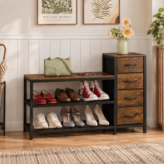 Industrial Shoe Bench with 4 Fabric Drawers, 39.4 Inch, Rustic Brown